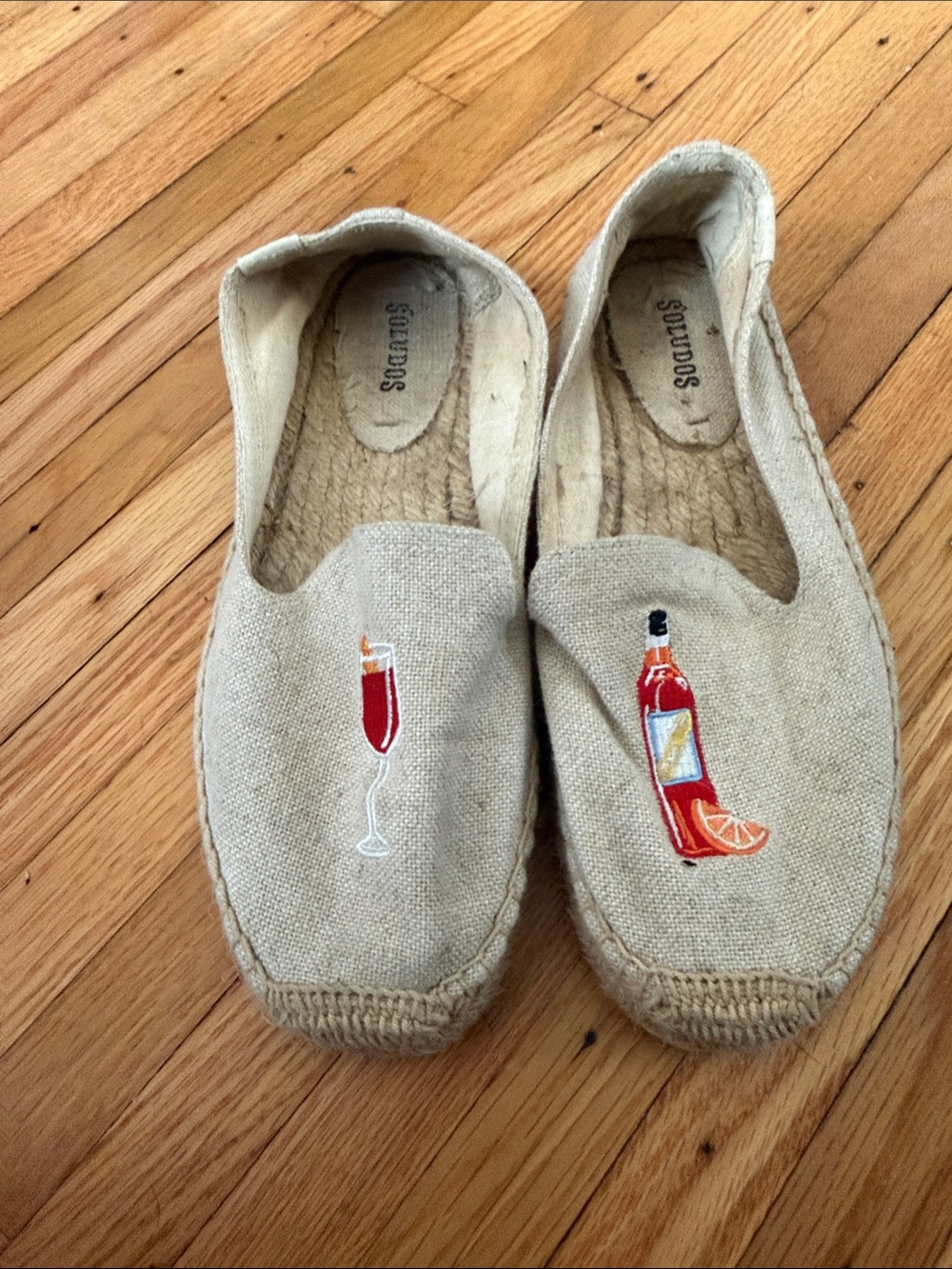 Soludos Beige Espadrille Slip-Ons with Red Cocktail & Bottle Embroidery